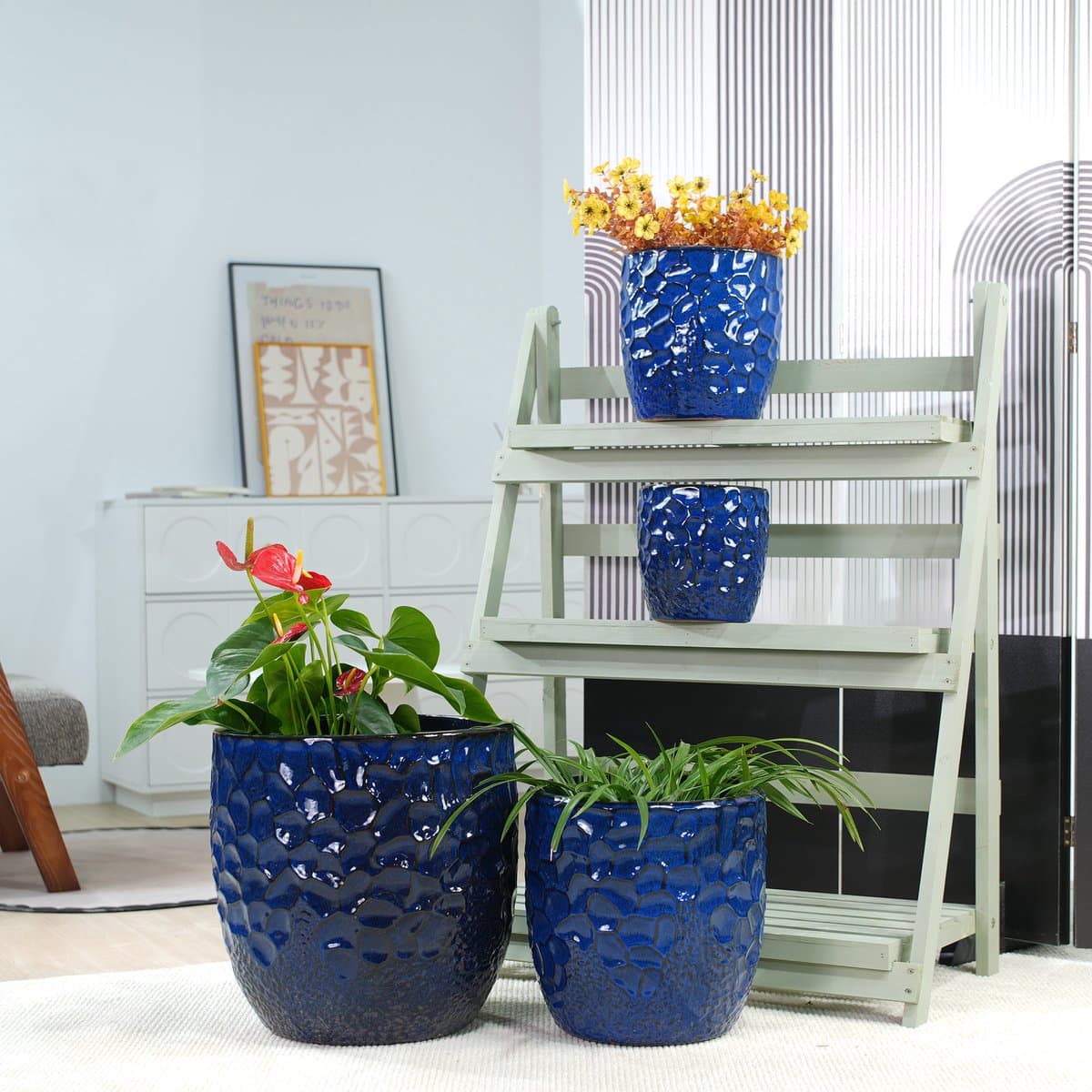 REDOM - Keramische bloempot - Drainagegat - Rond - Hammerschlagreliëf - Glanzende afwerking - Voor binnen - Keramiek - Marineblauw - Ø 18 cm