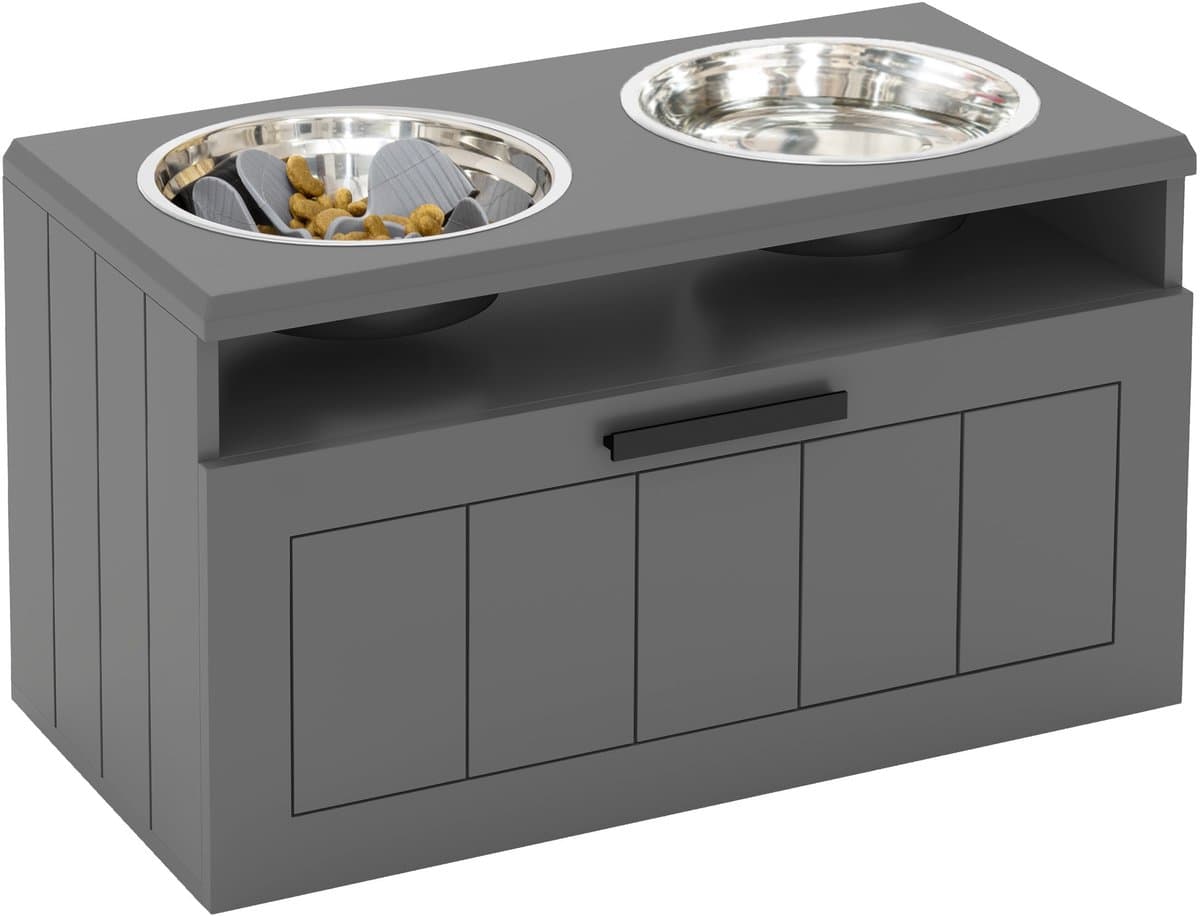 TEKROA® Voerbak - Verhoogde hondenvoerbak met slow feeder - twee roestvrijstalen voerbakken - lade, voor grote en extra grote honden - grijs
