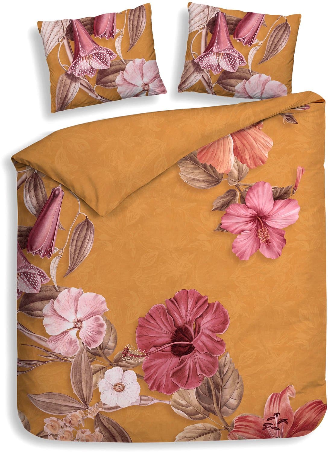 Heckettlane Dekbedovertrek Malu - Dekbed met instopstrook - Oranje - Dekbedovertrek van 100% Katoen-Satijn - Bloemen - 200x200-220 cm + 2 slopen 60/70 cm