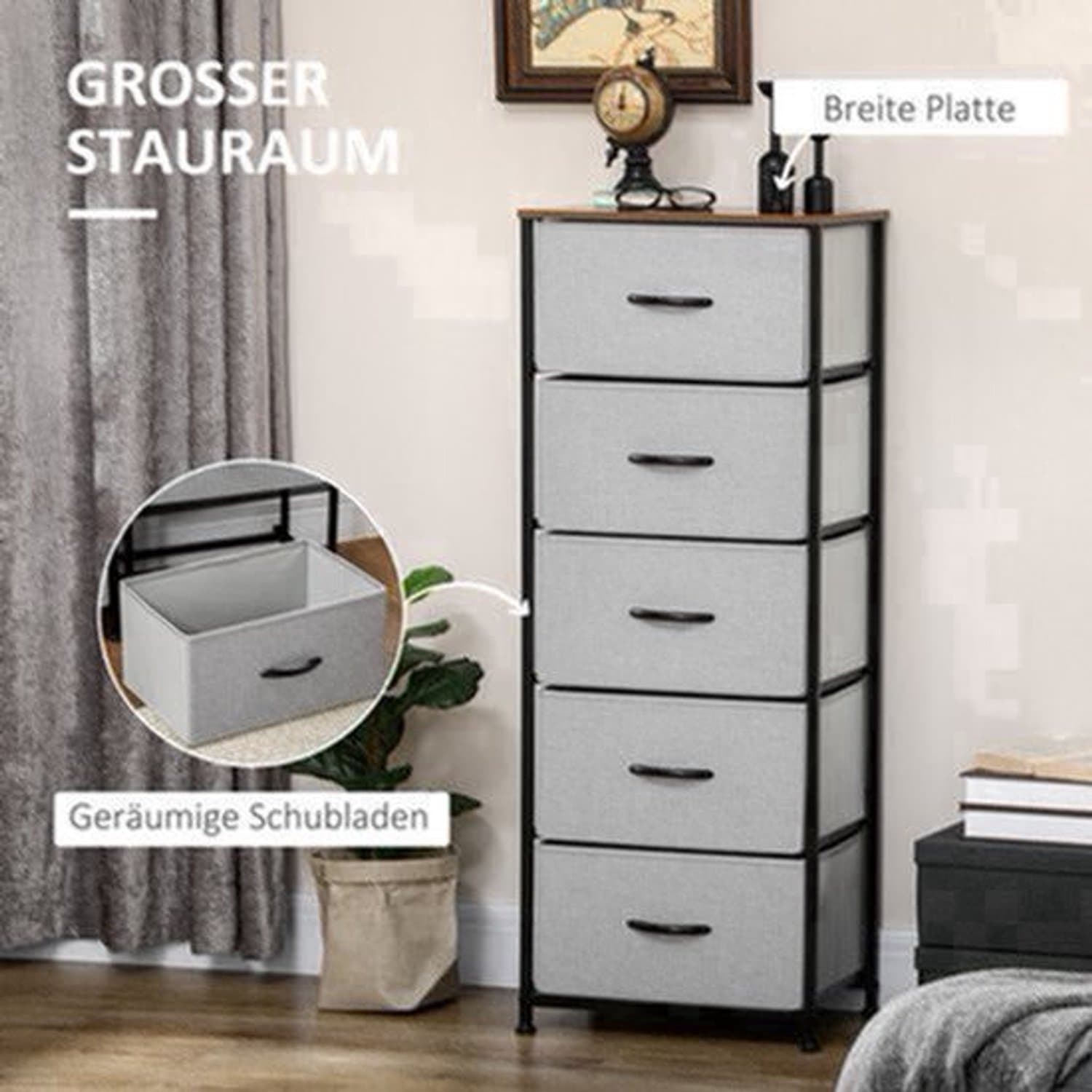 Ladekast – Opbergkast – Commodes – Kastje – Ladenkast – 5 Stoffen Lades – Compact Design 45x30x116 cm – Grijs