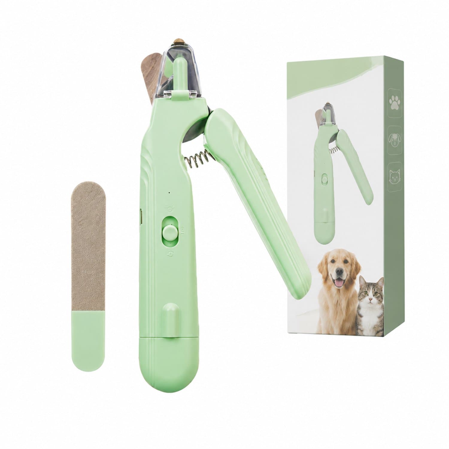 elektrische nagelknipper voor huisdieren - 2-in-1 - roestvrij staal, LED en nagelvijl - groen - Engelstalige verpakking