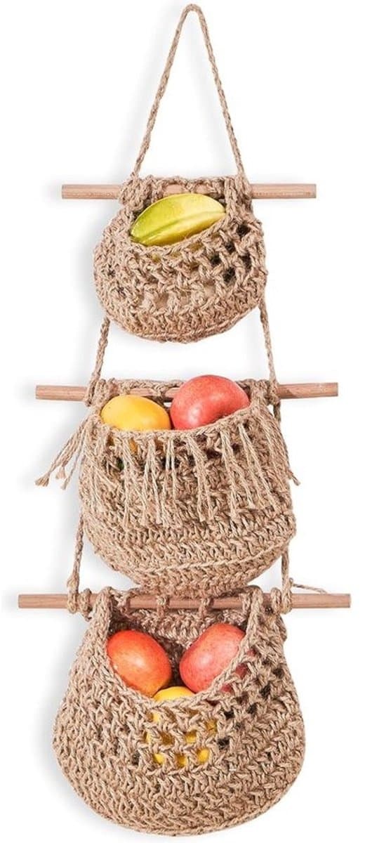 Boho Hangende fruitmand, 3 dieren, over de deur, organizer, handgemaakte jute geweven wandmand, wandmand, Boho keuken, wanddecoratie voor organisatie, opbergmand voor keuken, woonkamer en