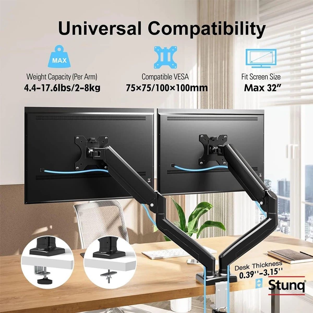 Stunq® Dubbele Monitorarm met C-klem – Uitbreidbaar tot 32 inch – Gasveer – Zwart