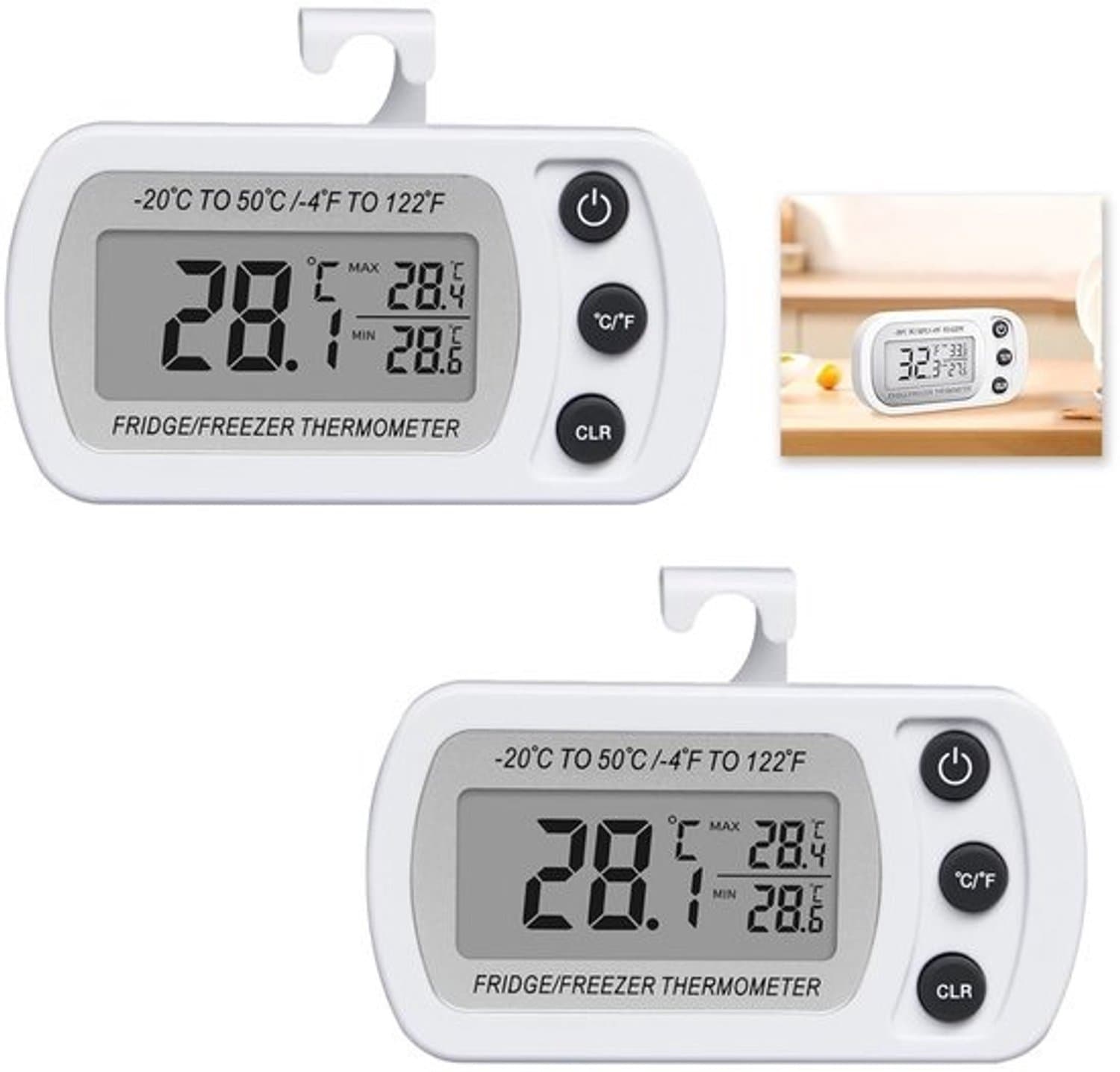 Thermometer voor de koelkast - Digitale meter voor temperatuur - Voedselopslag - Functie voor minimum- en maximumtemperatuur - 2 exemplaren - Zwart