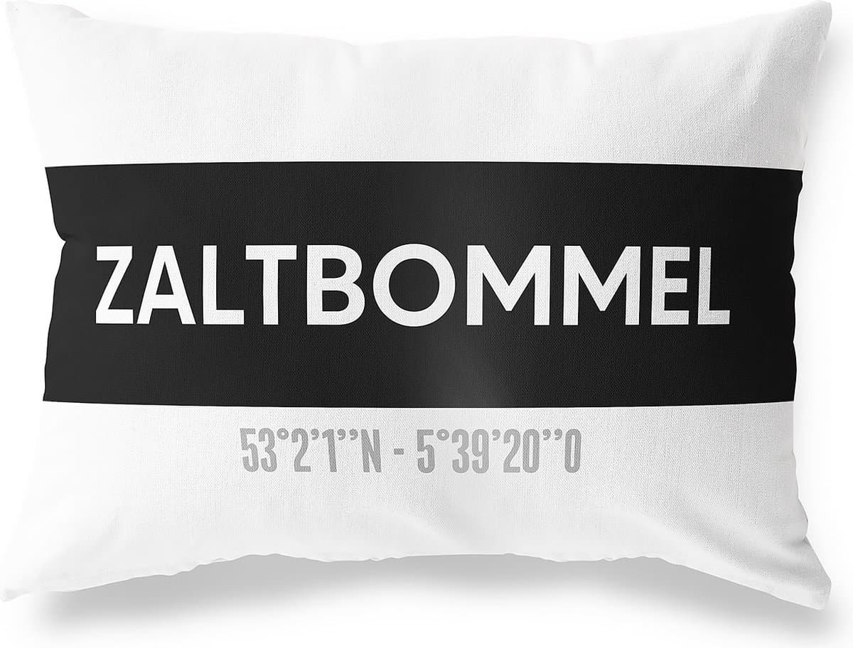 Tuinkussen ZALTBOMMEL - GELDERLAND met coördinaten - Buitenkussen - Bootkussen - Weerbestendig - Jouw Plaats - Studio216 - Modern - Zwart-Wit - 50x30cm