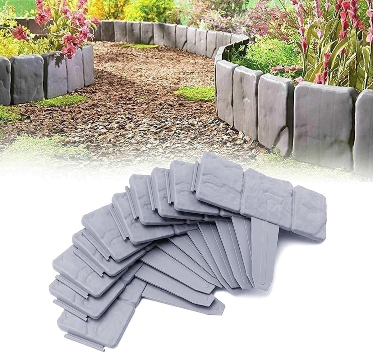 Gazonrand Steenlook - Tuinranden Borders - Tuin Verfraaien - Flexibel En Uitbreidbaar - 20 Meter 80 Stuks - Grijs