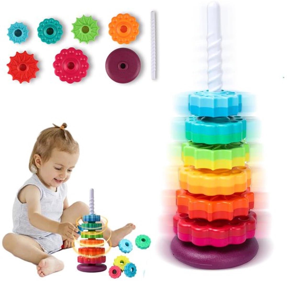 Baby Montessori speelgoed - Regenboog ringen stapelspeelgoed met draaiende tandwielen - Montessori speelgoed - Sensorisch Speelgoed - Peuter Speelgoed