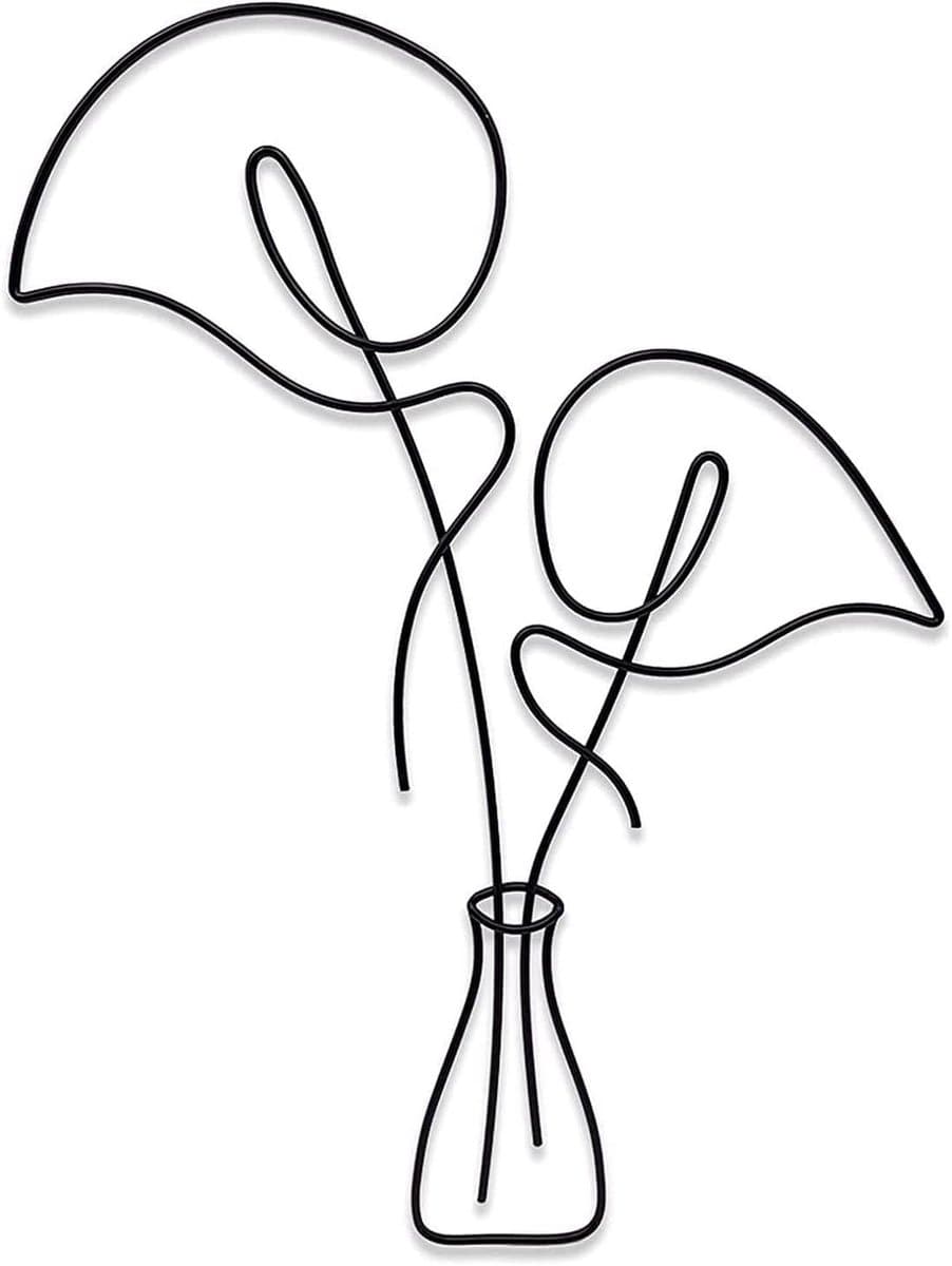 Metalen Lelie Decoratie - Wandkunst Bloem - Muur Verfraaien - Eén Lijn Tekening - 35x27cm - Zwart
