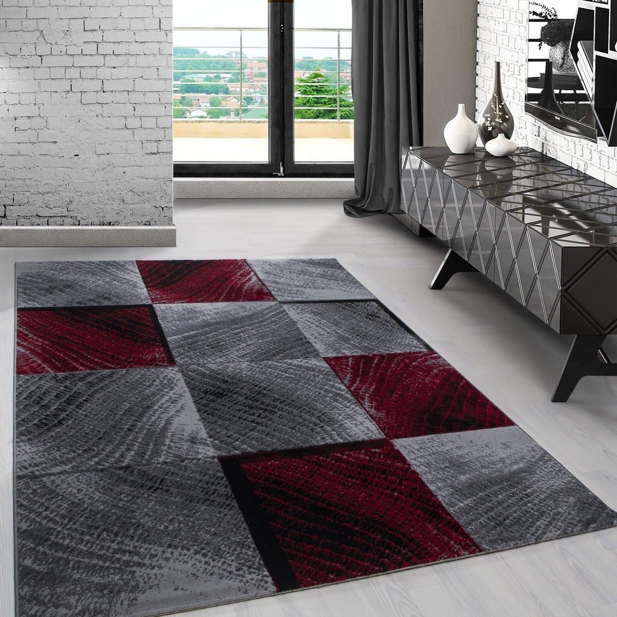 Rood Vloerkleed Rechthoekig met Patroon 140x200 cm - Kortpolig en Geschikt voor Woonkamer en Eetkamer