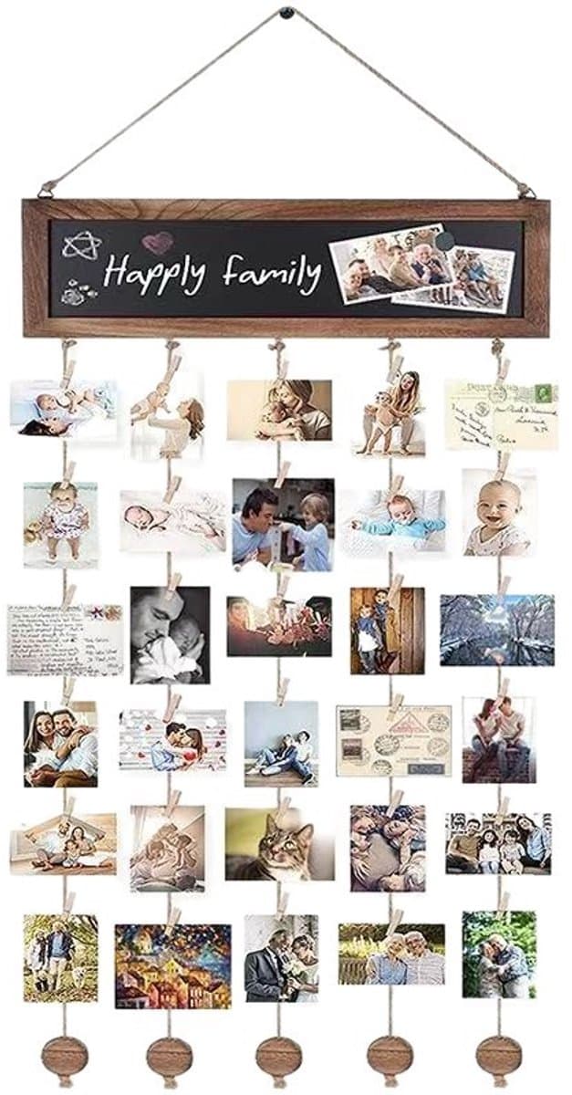 Daity Een hangende fotostandaard met een rustieke houten lijst, 30 klemmen en een linnen plank. Perfect voor wanddecoratie, vintage inrichting van een studentenkamer/slaapkamer en als cadeau voor vrouwen, tieners en meisjes (lichtbruin).