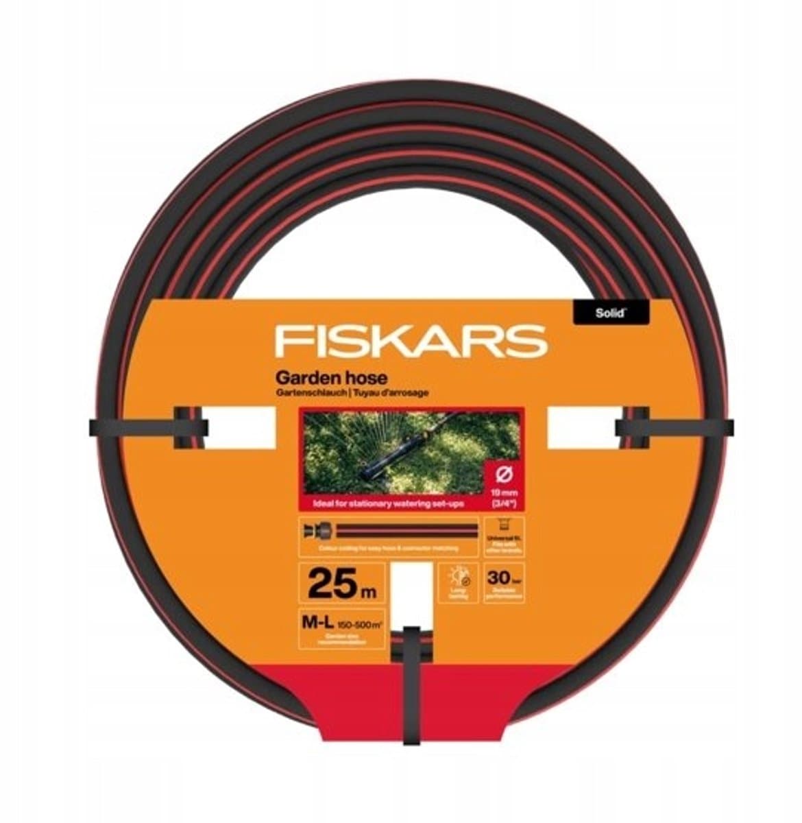Fiskars tuinslang M-L, Solid, waterslang voor irrigatiesystemen, 19 mm (3/4"), lengte: 25 m, universele aansluiting, UV-beschermd, vorstbestendig, torsiebestendig, rood, 1076062