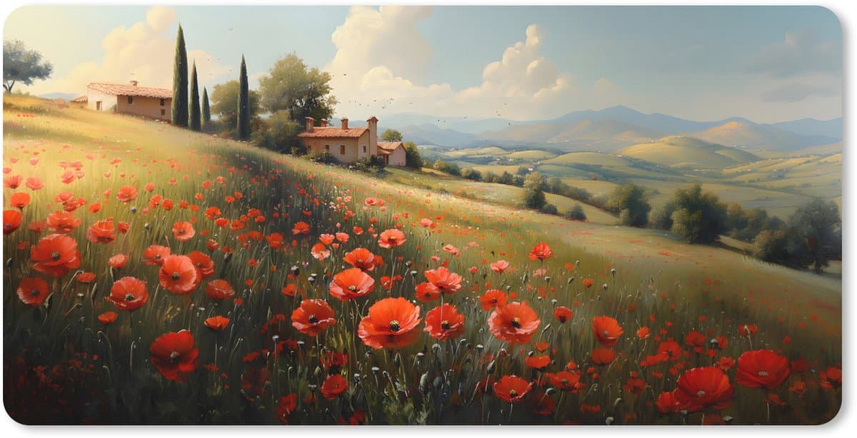 Muismat XXL 90x45 cm - Bureau onderlegger - Bureau mat Klaprozen - Rood - Heuvels - Landschap - Bureaumat - Gaming mousepad xl - Bureaulegger groot - Computer deskmat