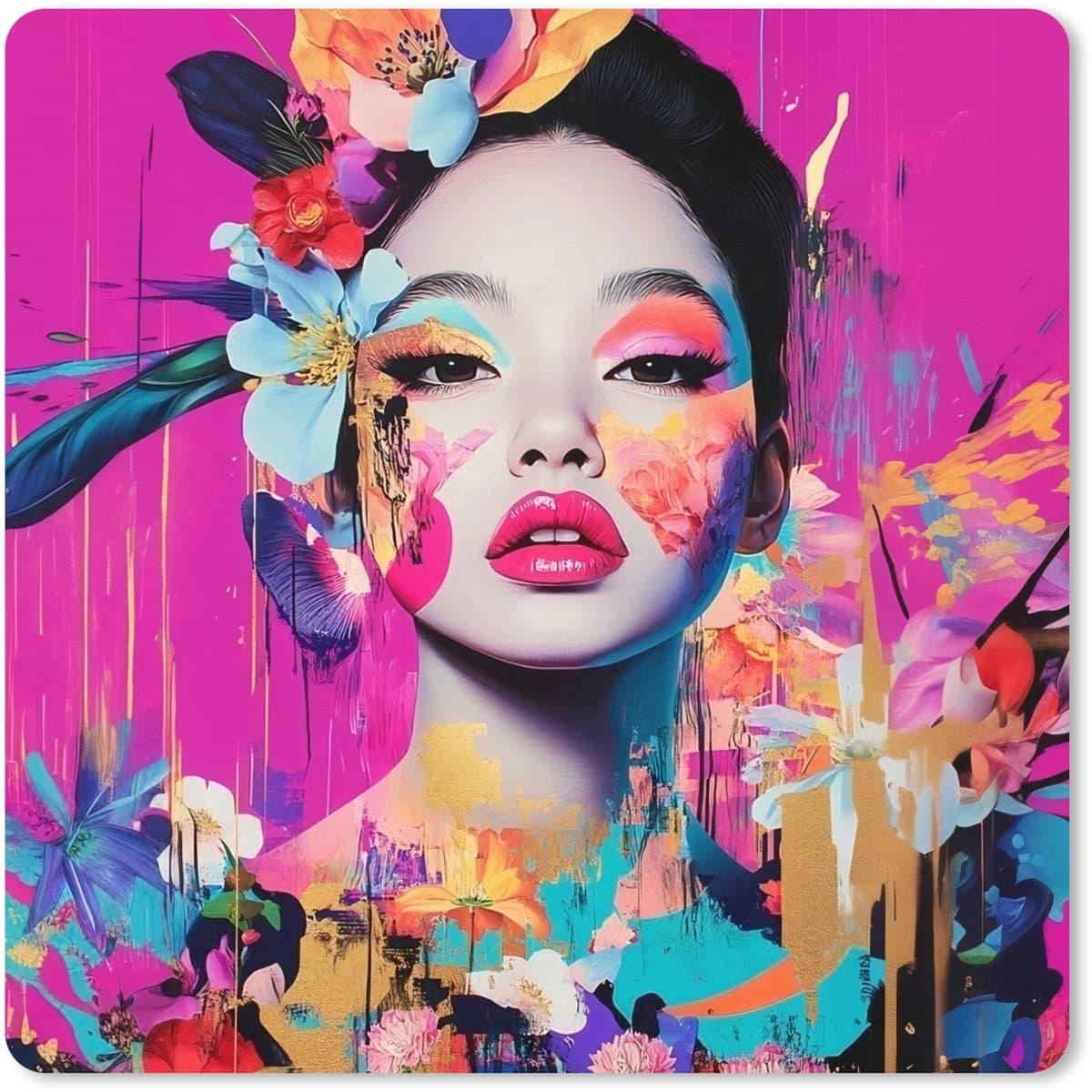 Muismat XXL 60x60 cm - Bureau onderlegger - Bureau mat Vrouw - Portret - Abstract - Paars - Bureaumat - Gaming mousepad xl - Bureaulegger groot - Computer deskmat