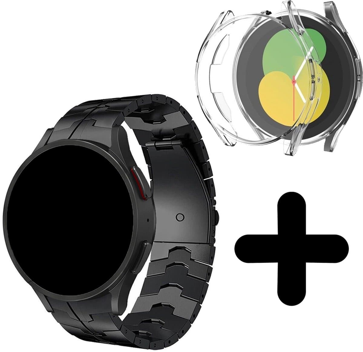 Strap-it Geschikt voor Samsung Galaxy Watch 5 40mm steel iron band (zwart) - Bandje staal metaal metalen Galaxy Watch 5 40 mm - Incl. screenprotector case bescherming - Hoesje beschermhoes beschermer - Transparant full cover hardcase