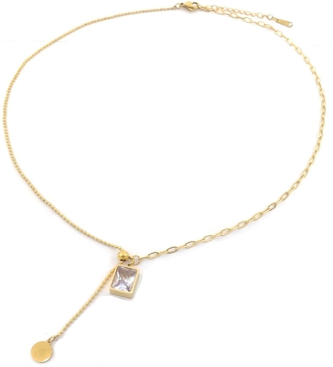 Ketting en Zirkonia - RVS - Lengte 39-44 cm - Goudkleurig en Wit