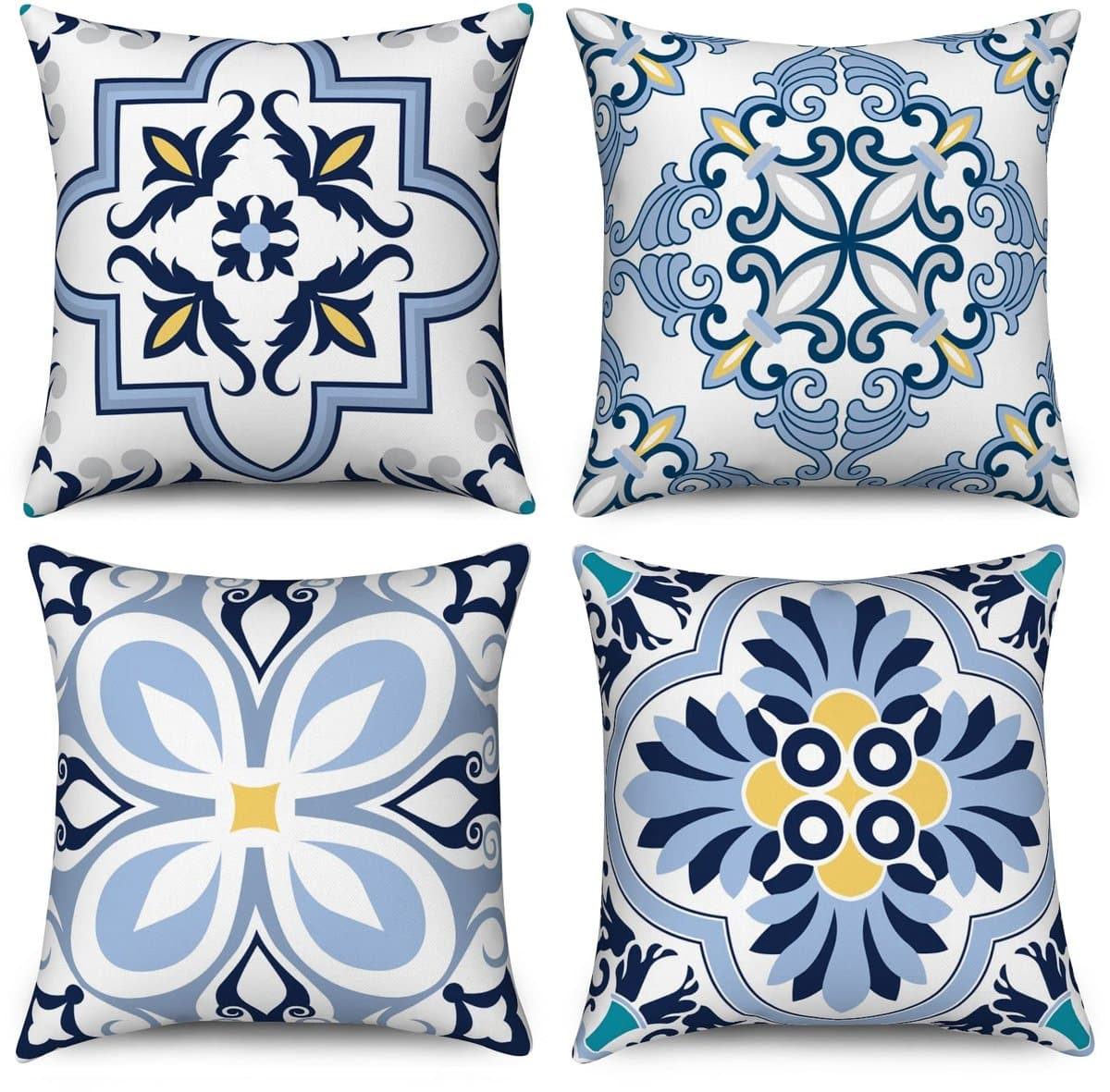 Unyqoos® Set van 4 decoratieve kussenslopen met boho-geometrische prints in blauw en geel