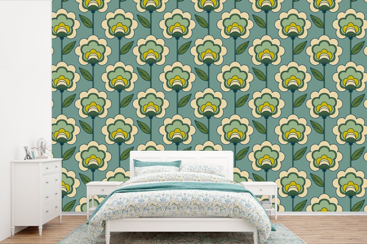 Behang - Fotobehang Retro - Design - Jaren 70 - Bloem - Breedte 330 cm x hoogte 220 cm