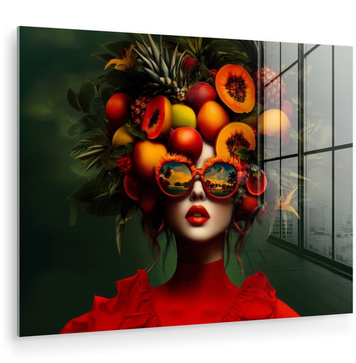 MuchoWow® Glasschilderij 160x120 cm - Schilderij acrylglas - Vrouw - Vruchten - Papaja - Ananas - Foto op glas - Muurdecoratie woonkamer - Wanddecoratie slaapkamer - Schilderijen