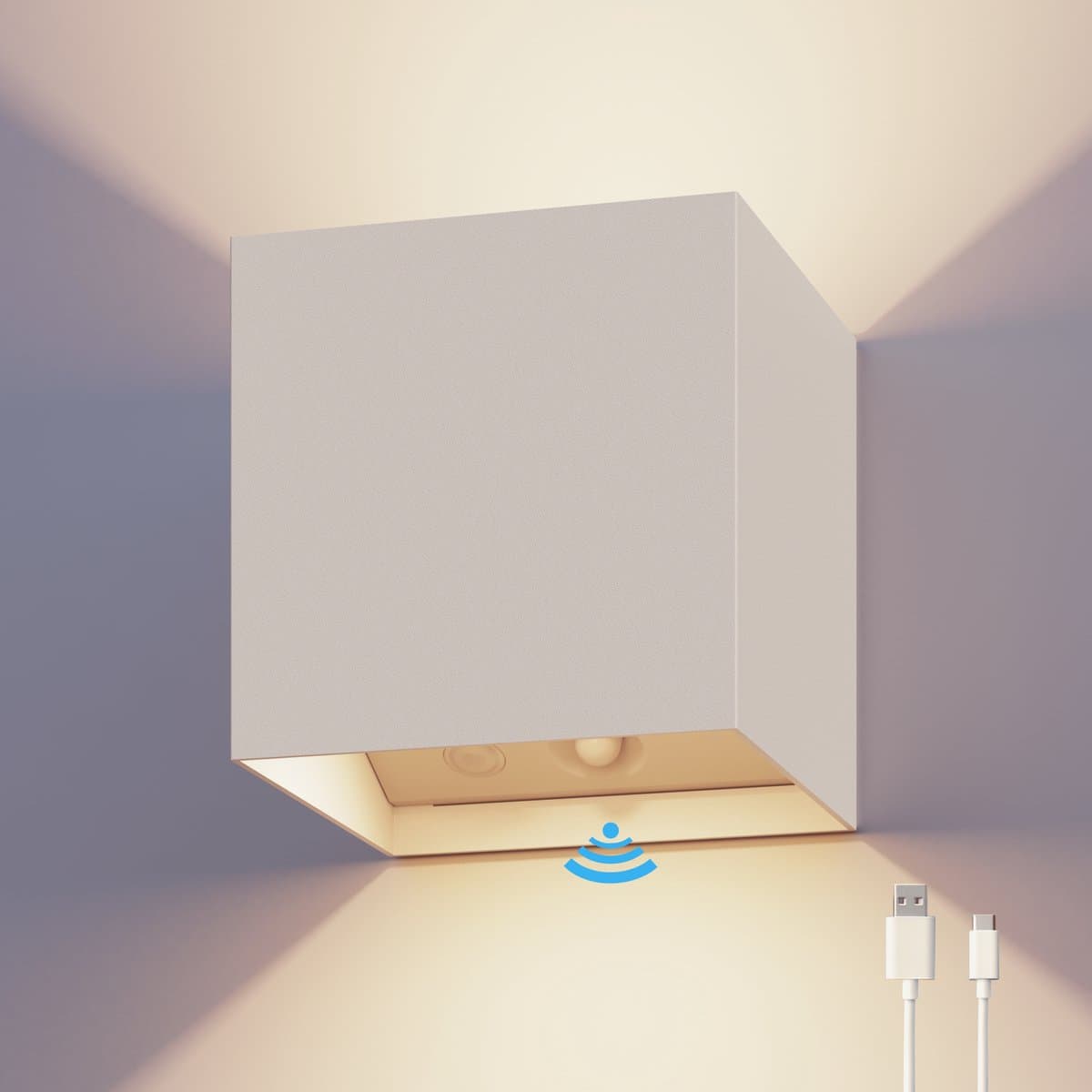 Calex Volterra Oplaadbare Wandlamp Kubus Wit - Oplaadbaar - Up & Down Tuinverlichting - Warm Wit Licht - Voor Binnen en Buiten - Waterdicht - Eenvoudige Installatie - Akku en Draadloos - Bewegingssensor