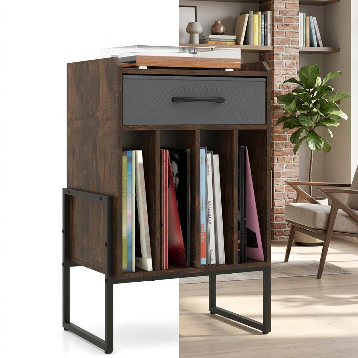Platenspelermeubel - LP-kast - Platenspelerkast - Draaitafelstandaard - Platenspelerstandaard - Vintage Displayplank - Bruin