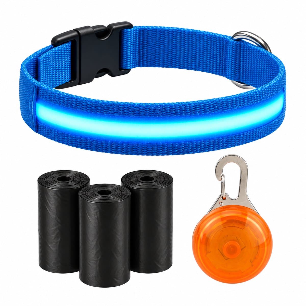 Professor Q LED Halsband Blauw M - Lampje Oranje - 45 Poepzakjes