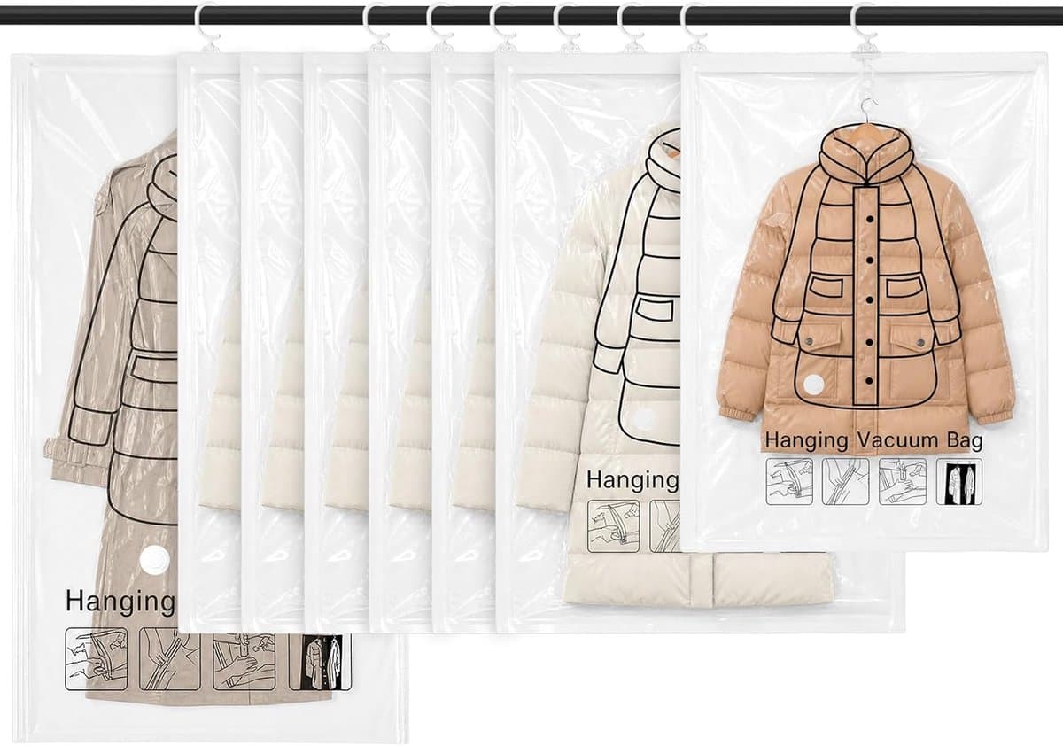 Vacuümzakken zonder pomp - 8 stuks - Hangende vacuümzakken voor kleding met kledinghaken - Vacuüm Opbergzakken voor Kleding - herbruikbare vacuümzakken - Ruimtebesparend - Voor pakken en jassen in de kast en op kleding - Transparant - TENGYIF®