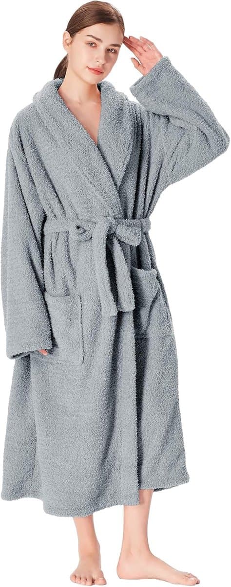 Classy zachte badjas voor dames en heren, lange fluffy sherpa ochtendjas, sauna badjassen zonder capuchon, warme cadeaus voor vrouwen, grijs, L