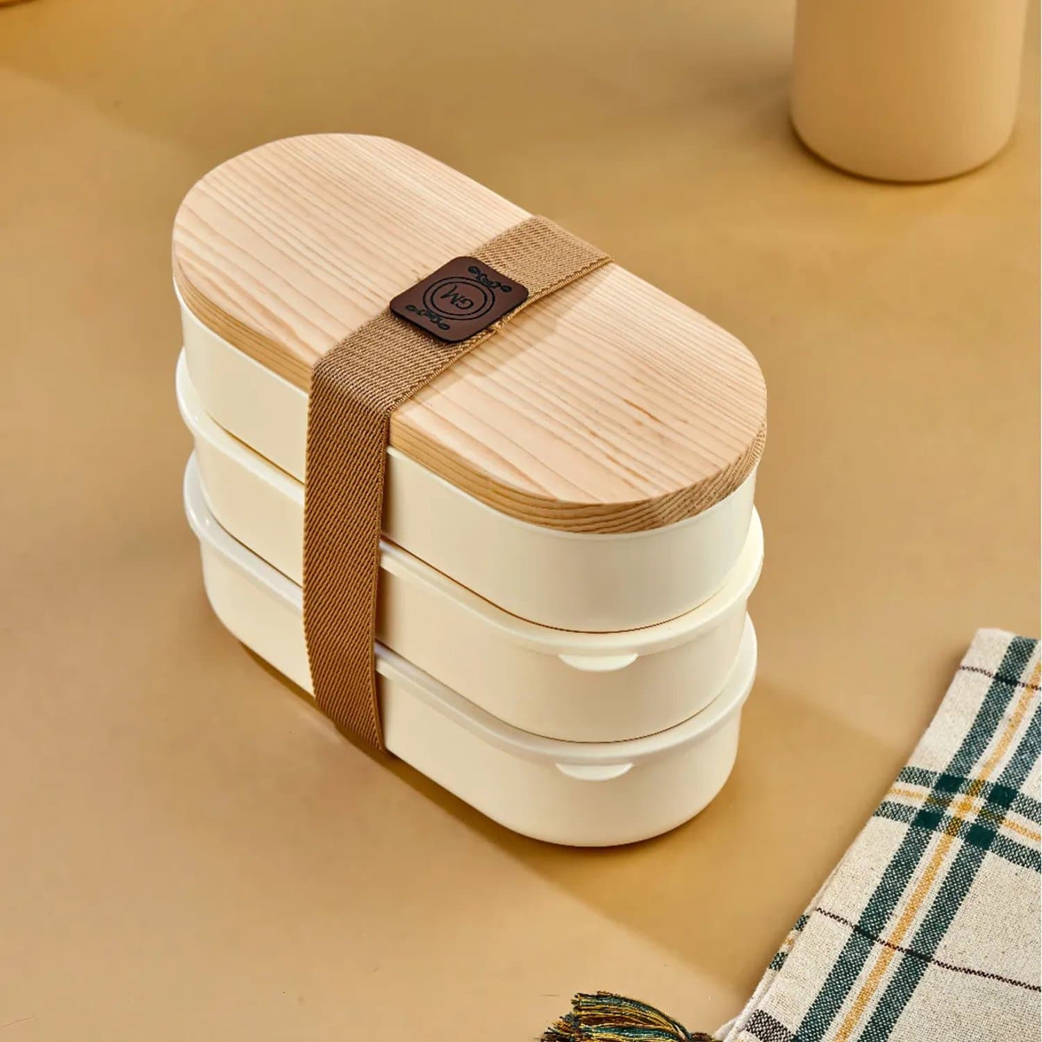 Bento Box 3 Laags 1000 ml - Snackbox met Houtlook Deksel en Elastische Band - Lunchbox Notenbox Vakjes Beige BPA-vrij - Broodtrommel Klein voor Noten, Fruit en Snacks - School, Kantoor, Reizen en Picknick - Jungengel