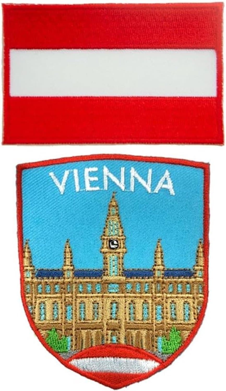 2 stuks Pack-Wenen Landmark Shield Patch+ Oostenrijk Vlag Applique, Stad van Muziek, Freud Dream City, Hoofdstad Patch, Wien Souvenir Patch NO.269C