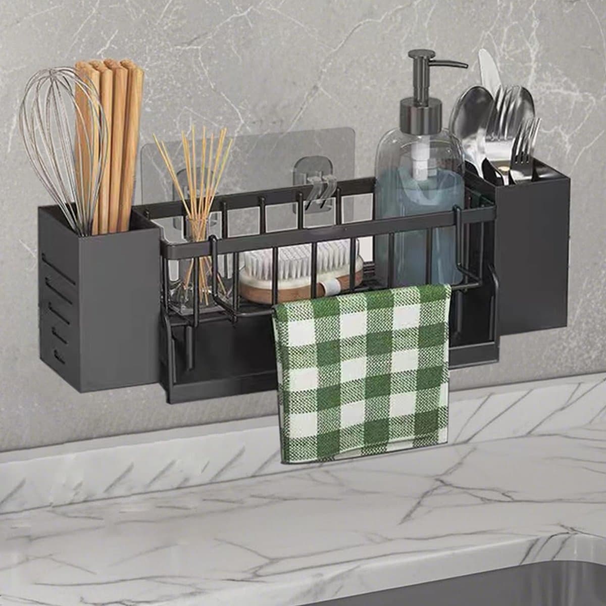 Famanu – Spoelbakorganizer, keukensponshouder, hangend, gootsteenorganizer met vaatdoekhouder en opbergdoos, metalen gootsteenorganizer met automatische afvoerpan, zonder boren (zwart)