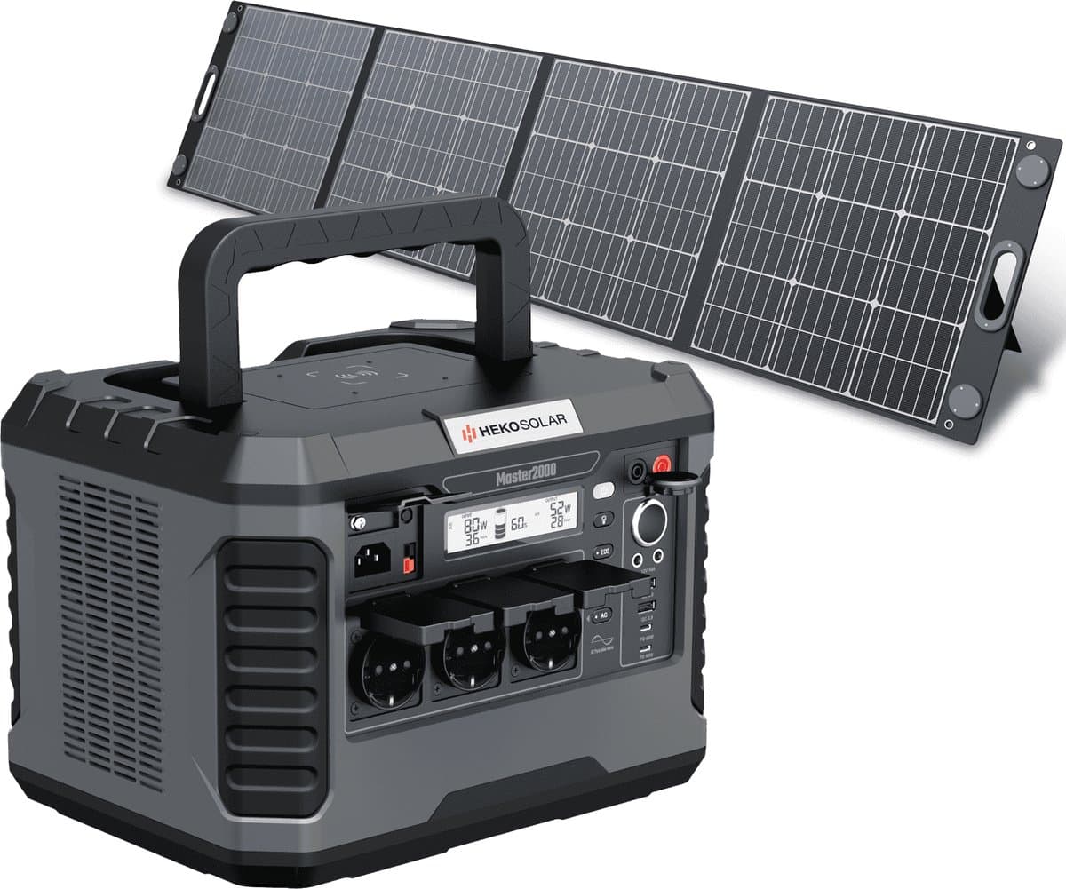 HEKO Solar Master 2000 + Unfold 200 - Powerstation met Zonnepaneel - 2000W (4000W piek) - 1799wh Capaciteit - 200 Wp Zonnepaneel - Draagbaar - Generator - Voor Noodpakket, Stroomuitval, Kamperen en Outdoor