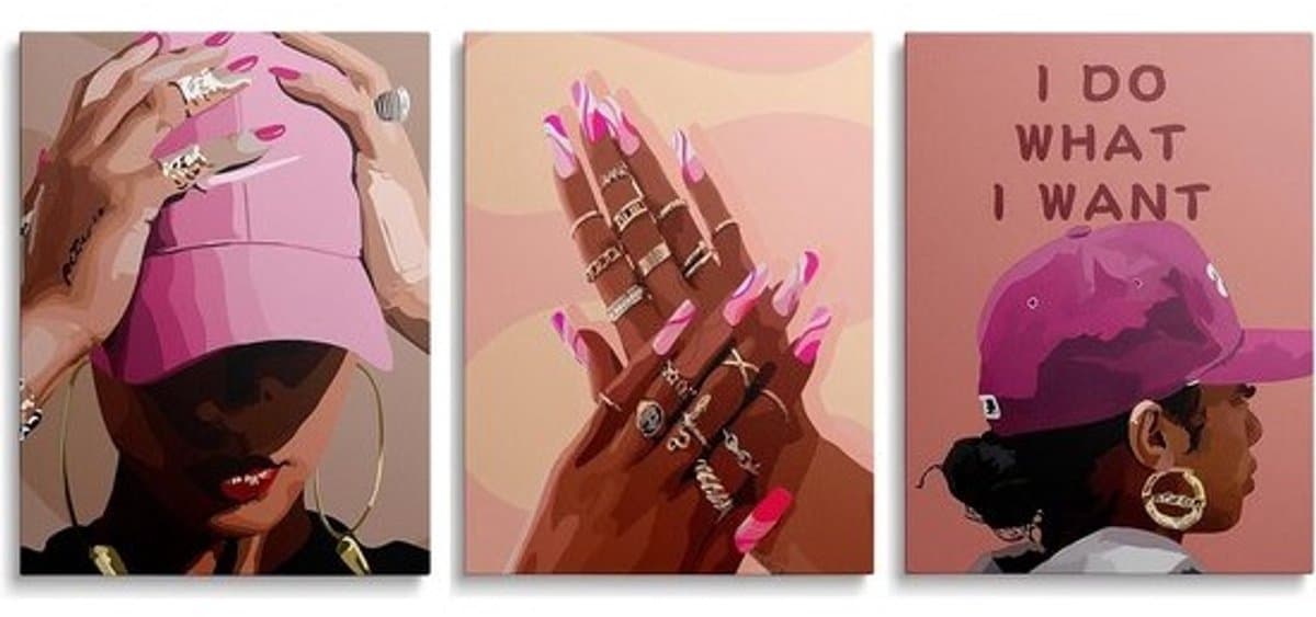 Set van 3 roze canvas schilderijen - kunst van zwarte vrouwen - voor woonkamer en slaapkamer