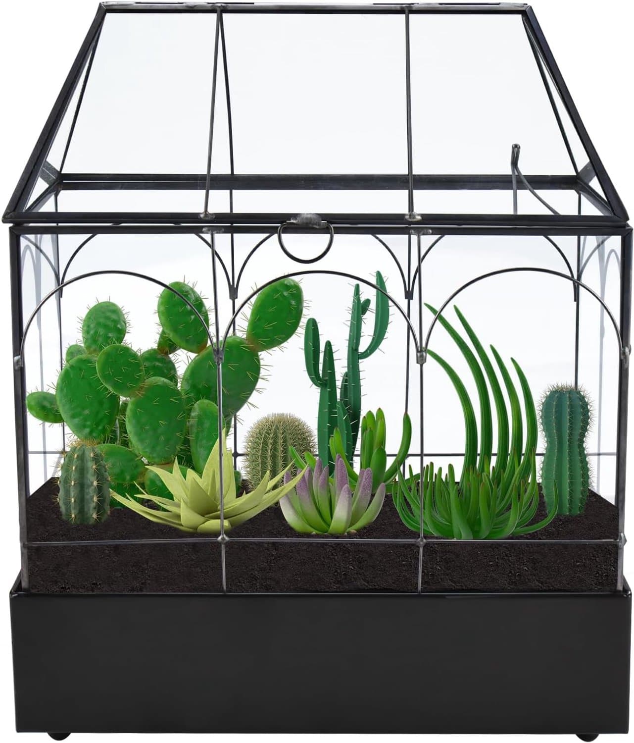 Homtone Geometric Terrarium Planter with Tray, House Shape, Black, Handmade Glass Box, Vintage Tabletop, Miniature - ShopVlot