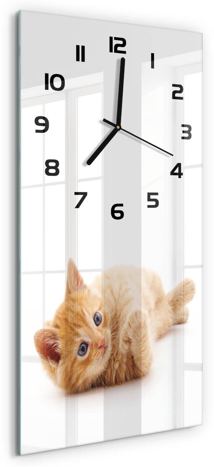 Tulup Wandklok - Rode Kat Decoratieve Glazen Klok - 30x60 cm - Oranje Glazen Wandklok Design - Zwarte handen - Rechthoekige Klok - Glazen Klok Met Print - Wandklok Glas Met Motief