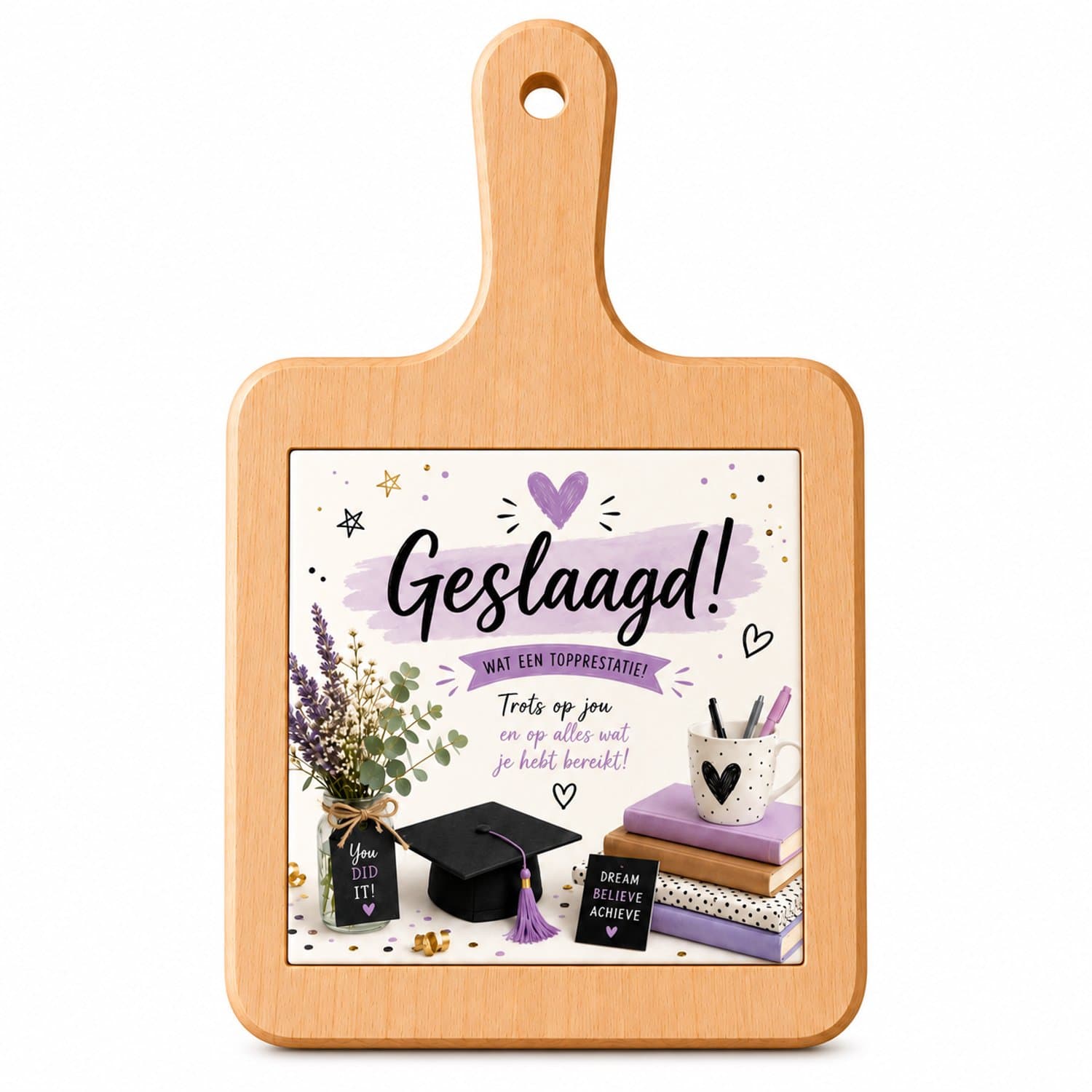 Kaasplank met Tegel Geslaagd! Paars – Houten Serveerplank 18x31 cm – Diploma Cadeau – Cadeau voor Geslaagde