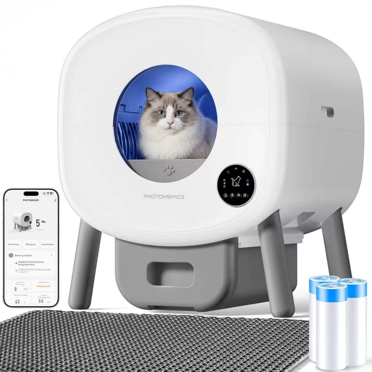 Zelfreinigende Kattenbak - Grote Capaciteit Automatische Kattenbak -XXL 95L - Electrische Kattenbak - Incl. App-Met Kattenbakmat en 3 rollen opvangzakjes