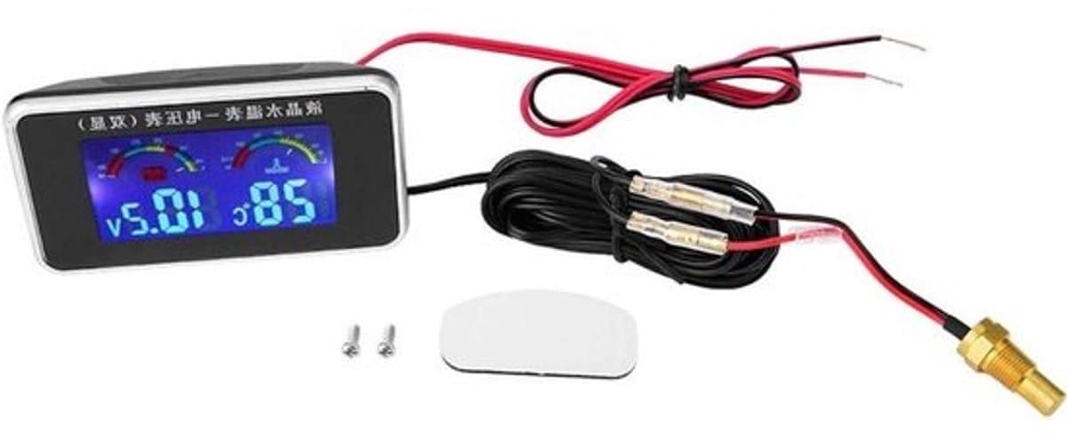 Digitale voltmeter en thermometer - Autoklokmonitor - Voor voertuigcontrole - Blauwe achtergrondverlichting - 10mm sensor - Zwart