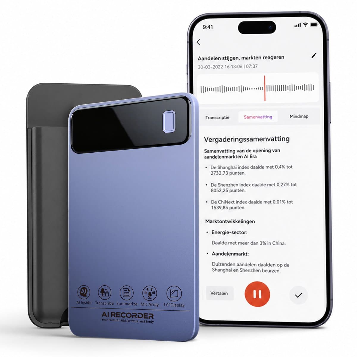 Woegel AI Voice Recorder – Digitale Voice Recorder – Dictafoon – 64GB – 54 Uur Opname – AI Transcriptie – 153 Talen