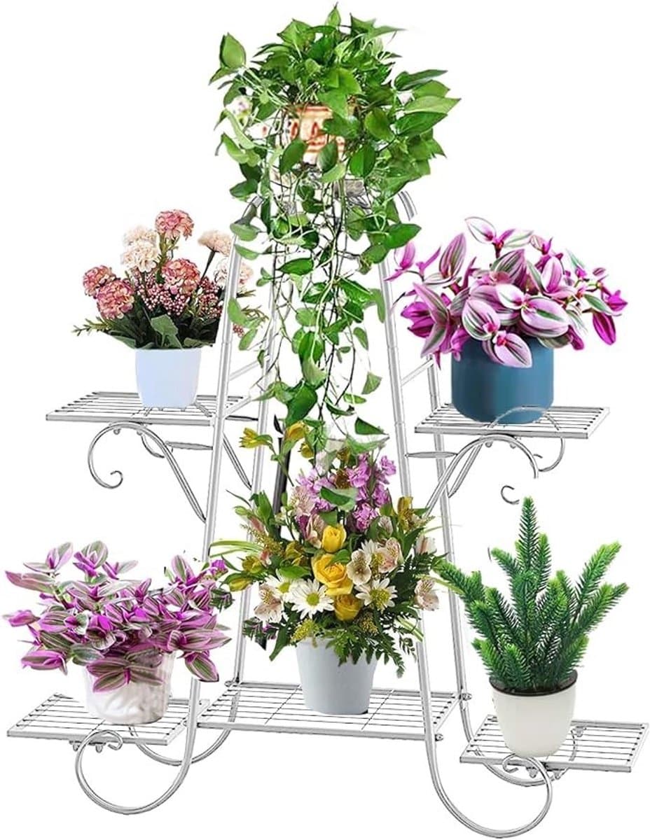 PolkaHome Plantenstandaard met 6 niveaus - Metalen plantenrek voor binnen en buiten - Wit