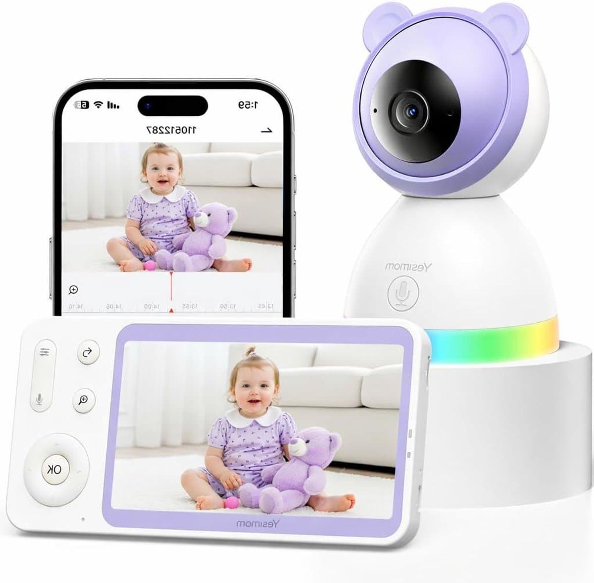 Baby Camera - Babyfoon Video - Kind Bewaken - 360 Graden PTZ - 5 Inch Beeldscherm - Paars