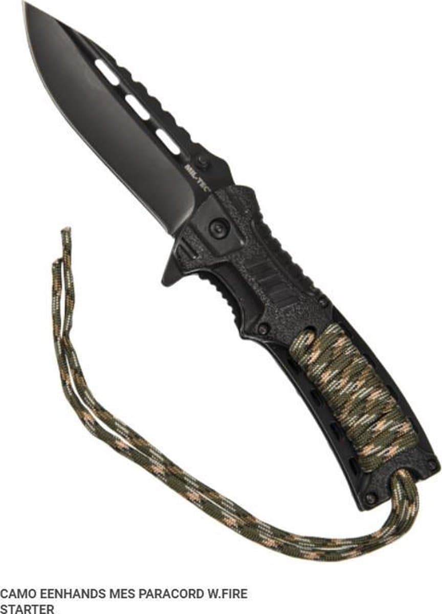Survival mes met camo paracord, fluitje en vuurstarter -One hand knive camouflage