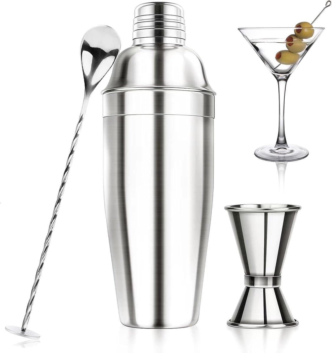 Gigicial Cocktailshaker - Cocktailset - Roestvrij Staal Shaker Met Maatbeker En Drankmixer Functie - 3 Stuk - Thuisbar Voor Volwassenen Zilver