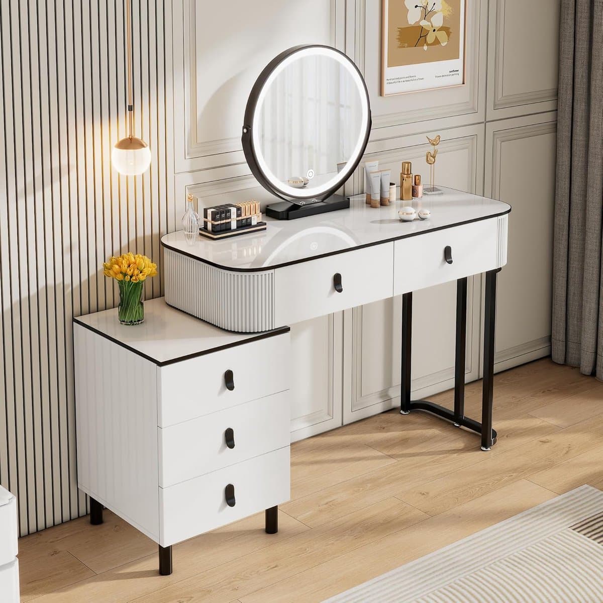 Make-uptafel met verlichting, 3 instelbare helderheidsniveaus, voor slaapkamer, kaptafel met spiegel, 1 zijkast, 5 laden, modern, bruin-houtlook & wit Novihome