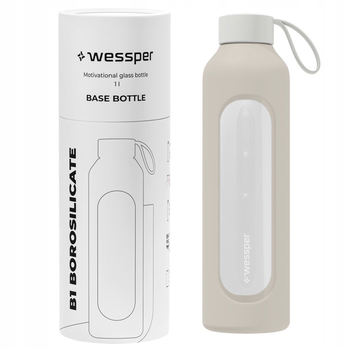 Glazen Motivatiefles 1000ml – Duurzame Waterfles in ECRU