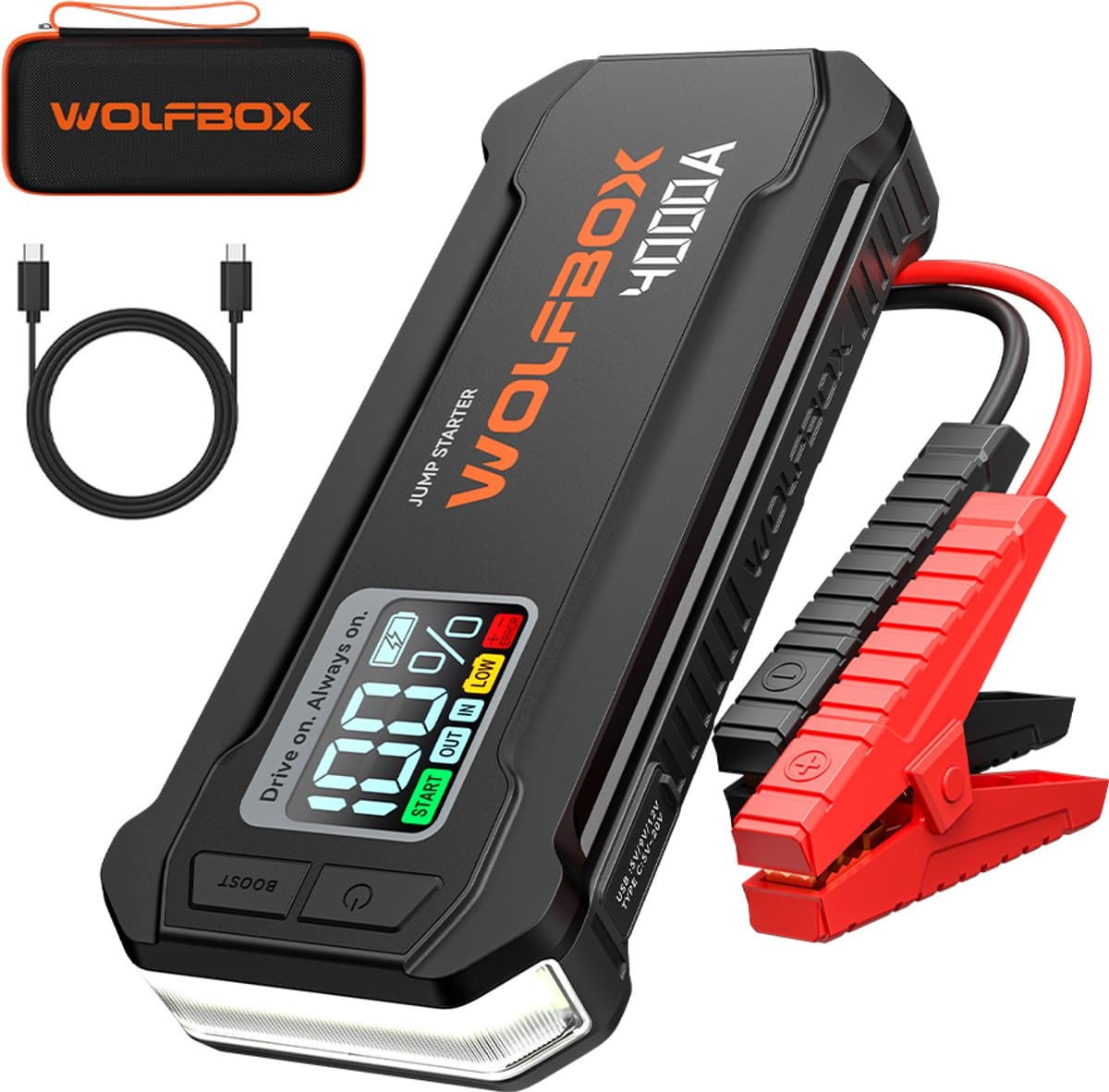 WOLFBOX 12V Jumpstarter voor Auto – Boost 4000A – 24000 mAh – Starthulp met Forcestart, LED-scherm & Powerbank – Incl. Zaklamp & Opbergkoffer