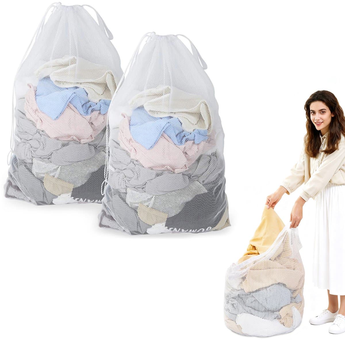 2 stuks waszakken van mesh met trekkoord en handvatten - 40×50cm waszakken van mesh - Duurzame tassen voor delicate kleding - Stevige waszakken van mesh - Geschikt voor wasmachines, reizen, kleding, speelgoedopslag