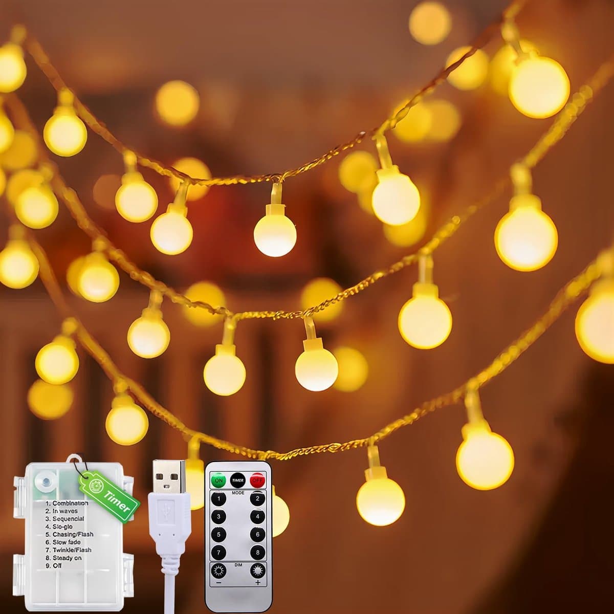 Lichtsnoer voor binnen, 6 m, 40 leds, lichtketting voor binnen, werkt op batterijen en USB, warmwit, met timer en 8 modi, voor Kerstmis, kamer, tuin, feestelijke decoratie [Energieklasse A]