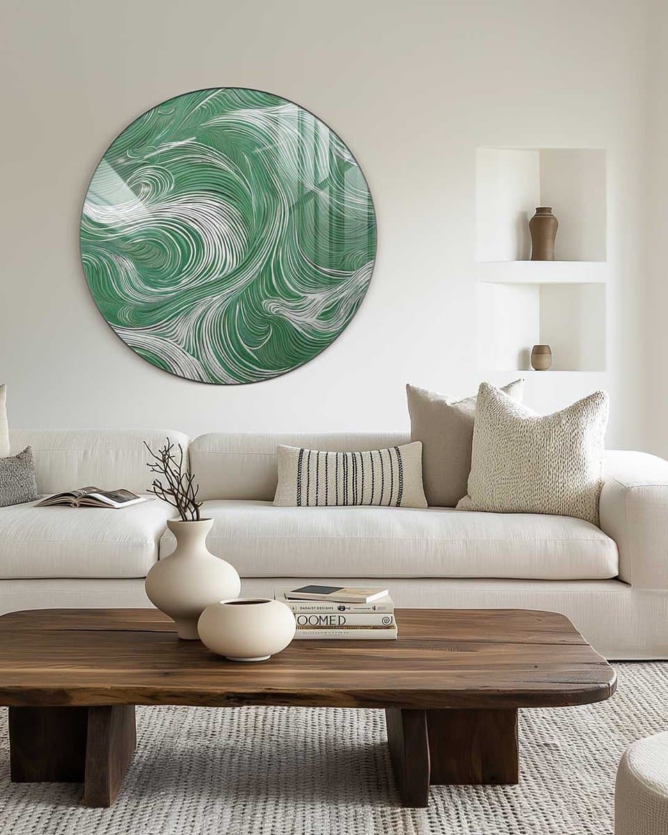 Groene Golvende Muurcirkel - Luxe Muurcirkel 140x140 cm op Dibond - Sfeervolle Wanddecoratie voor Woonkamer & Slaapkamer