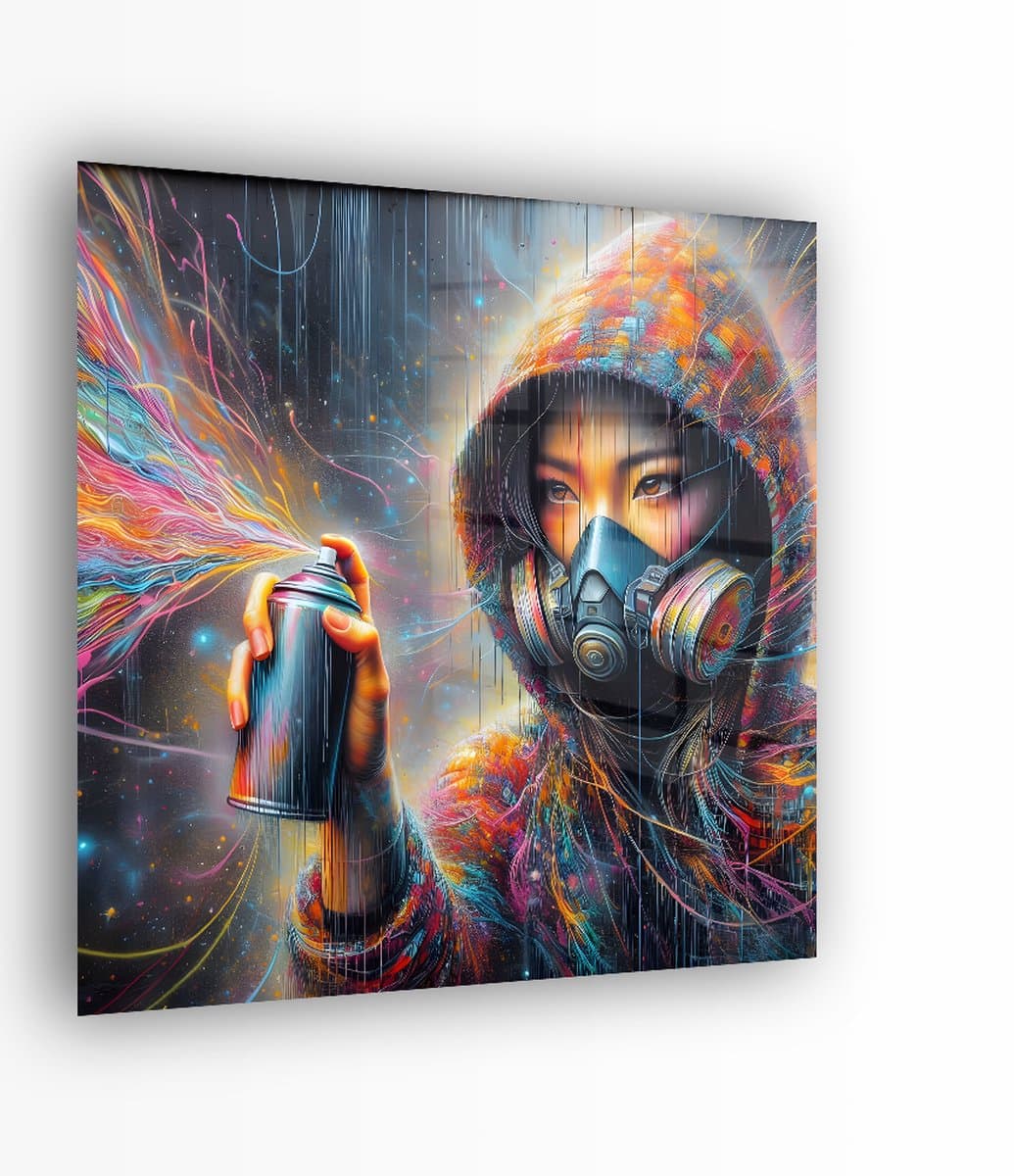 Indoorart - Glasschilderij Abstract woman Spraycan 50x50 CM - Afbeelding op plexiglas - Inclusief montagemateriaal