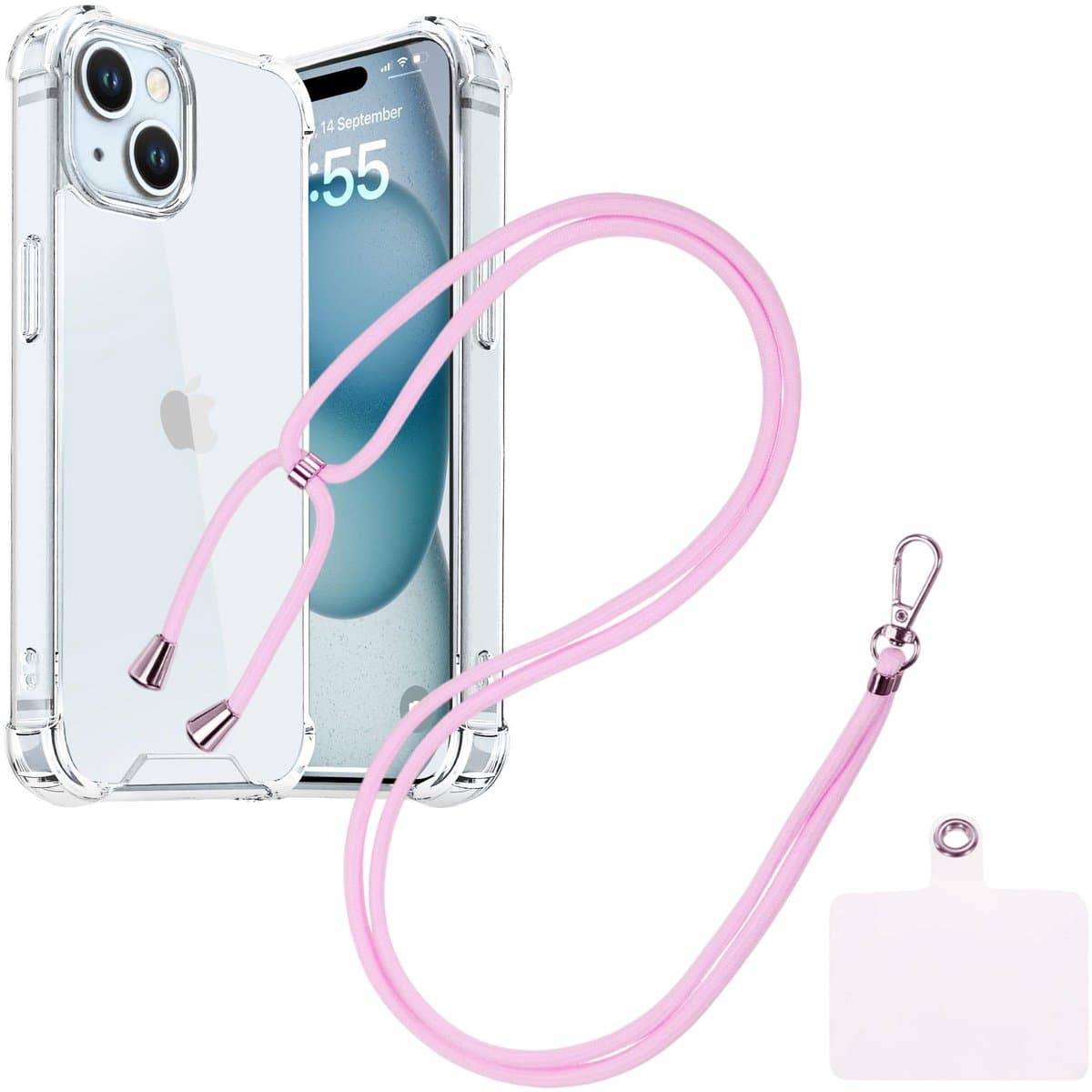 Shock Proof Case Hoes Geschikt voor iPhone 15 Hoesje Transparant Met universele Telefoonkoord lichtroze - Cover - Nek Hanger - Koord Hoes